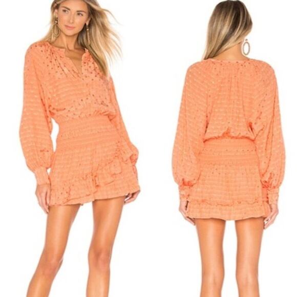 Tularosa Charlene Polka Dot Long Sleeve Tiered Blouson Mini Dress Pale Peach M - Picture 1 of 10